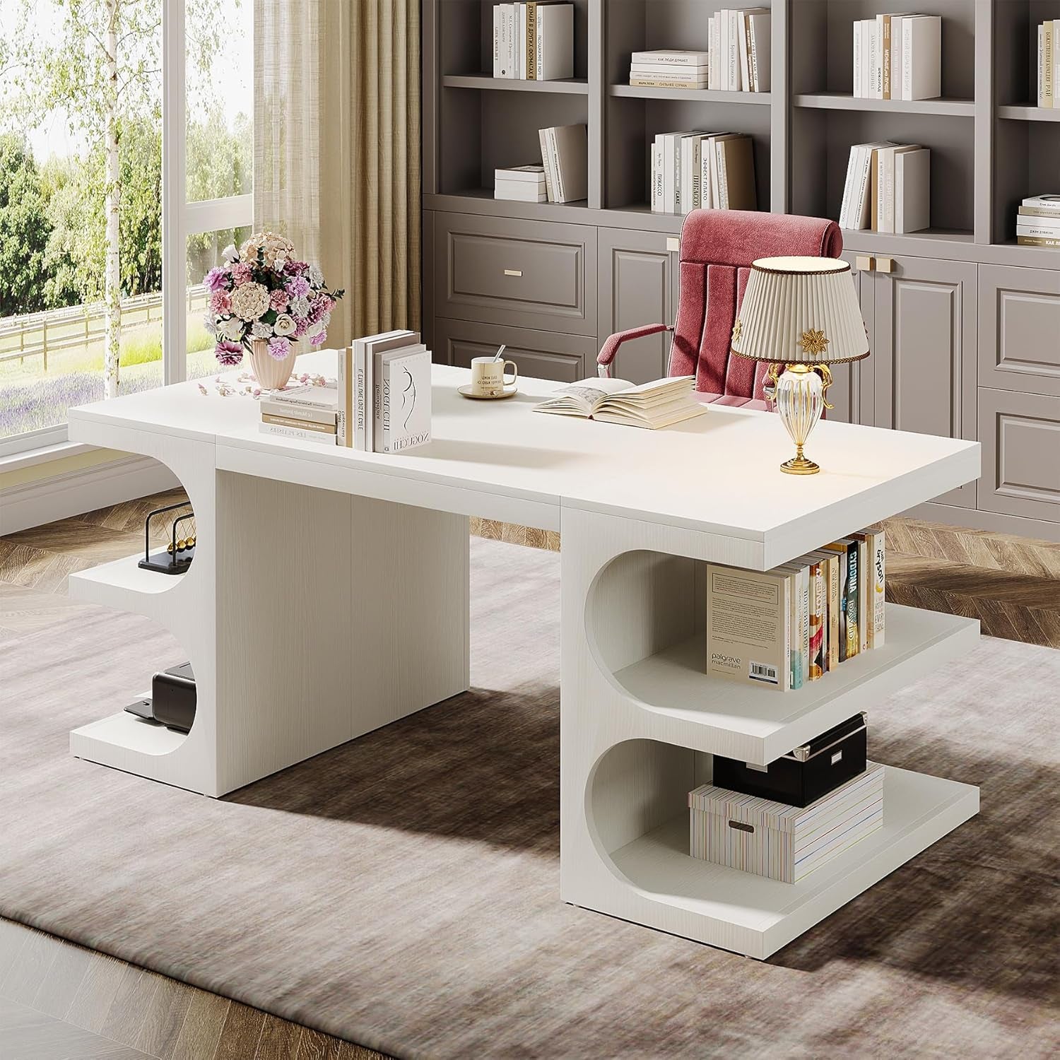 Modern Executive Office Desk, 63-Inch Large Computer Home Office Desk with Storage Shelves, Wood Study Writing Table, Workstation Business Furniture, White