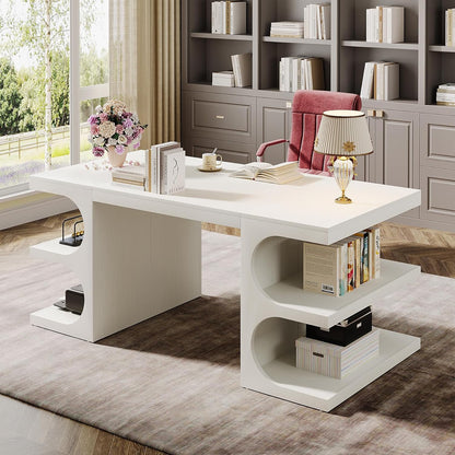 Modern Executive Office Desk, 63-Inch Large Computer Home Office Desk with Storage Shelves, Wood Study Writing Table, Workstation Business Furniture, White