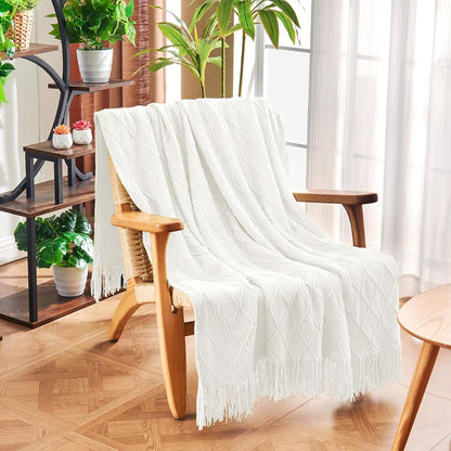 Knitted Throw Blanket for Couch and Bed, Soft Living Room Home Decor Knitted Blanket with Tassel, Outdoor Lightweight Breathable Summer Blanket, Farmhouse Warm Woven Decorative, 50"X60"