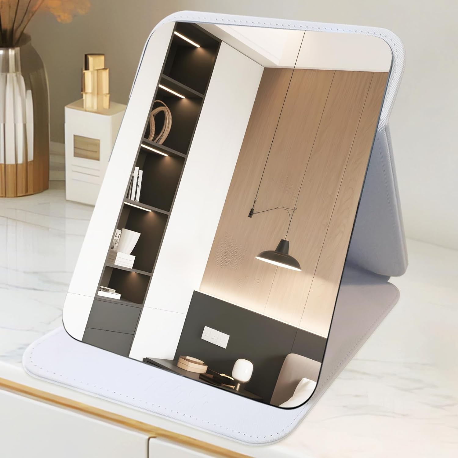 Foldable Travel Makeup Mirror, Adjustable Angle Portable Standing Vanity Mirror, Compact PU Leather Design for Home/Camping/Desktop Use,Elegant White(8.4"X6")