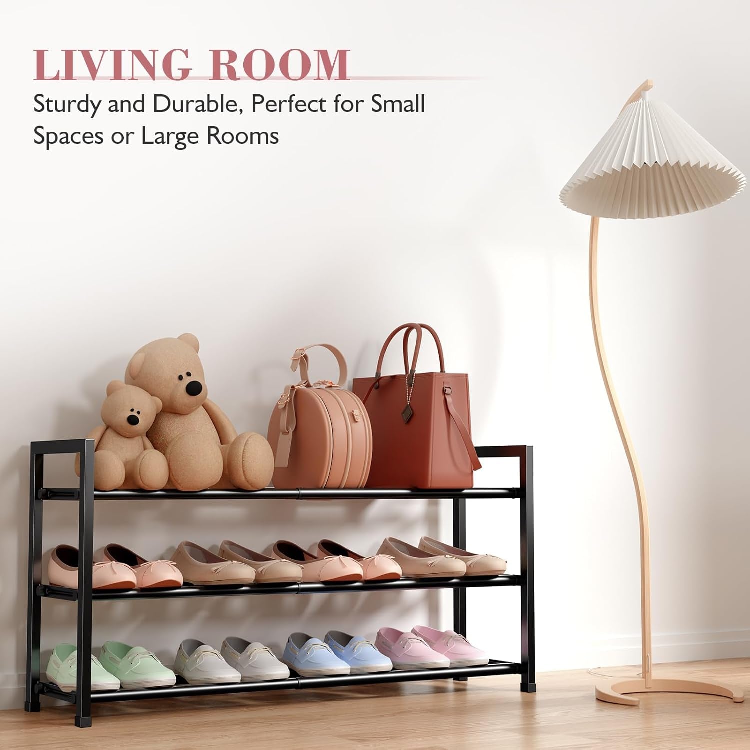 3-Tier Expandable Shoe Rack for Closet, 18“-33” Adjustable Shoe Rack for Small Space, Small Shoe Organizer for Front Door, Sturdy Metal, Black