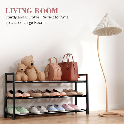 3-Tier Expandable Shoe Rack for Closet, 18“-33” Adjustable Shoe Rack for Small Space, Small Shoe Organizer for Front Door, Sturdy Metal, Black
