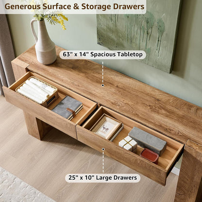 Modern Entryway Console Table, Sofa Table with Drawers, 63" Long Hall Table behind Couch, Thick Wood Design for Living Room, Hallway - Light Knotty Oak