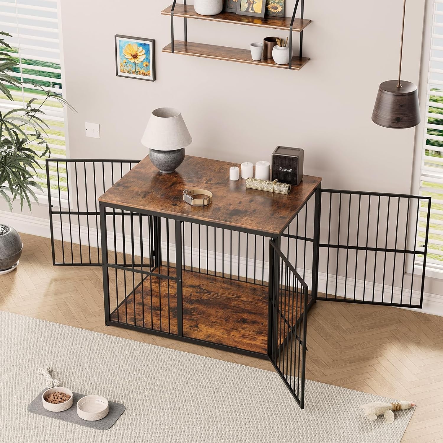 86'' Dog Crate Furniture Large Breed TV Stand for 2 Large Dogs, Double Wooden Crate Pet Cage with Removable Divider, Indoor Heavy Duty Kennel Corner End Table, Can Use Separately, Brown