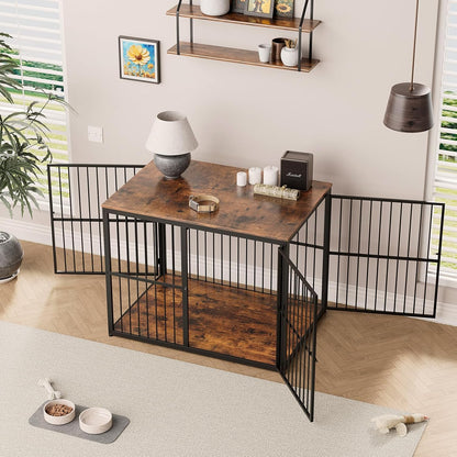 43'' XL Dog Crate Furniture with 3 Doors, Wooden Crate Combination Pet Cage, Heavy Duty Indoor Kennel for Medium to Large Dogs, Brown