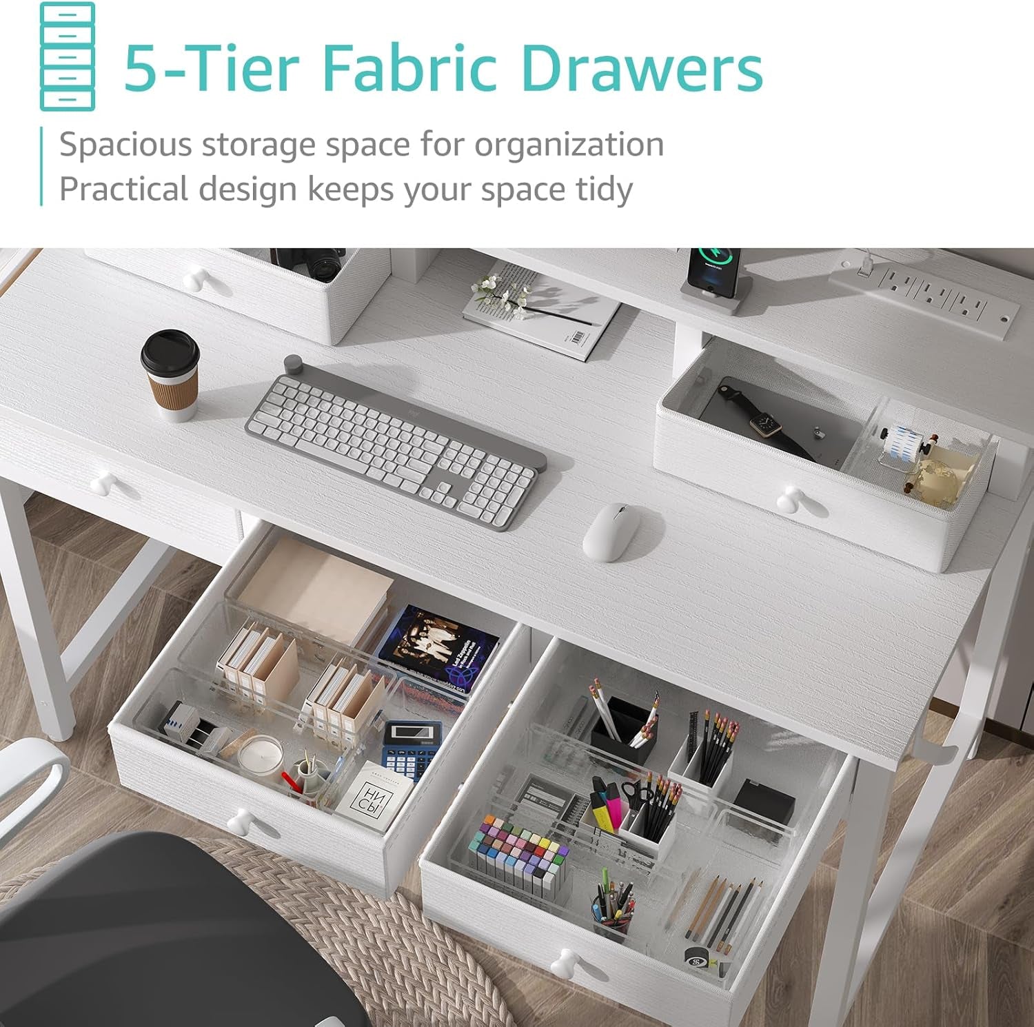 White Computer Desk with Fabric Drawers for Home Office, 40 Inch Vanity Makeup Desk with Drawers Storage for Bedroom, Writing Study Table with Power Outlet & Monitor Stand, White