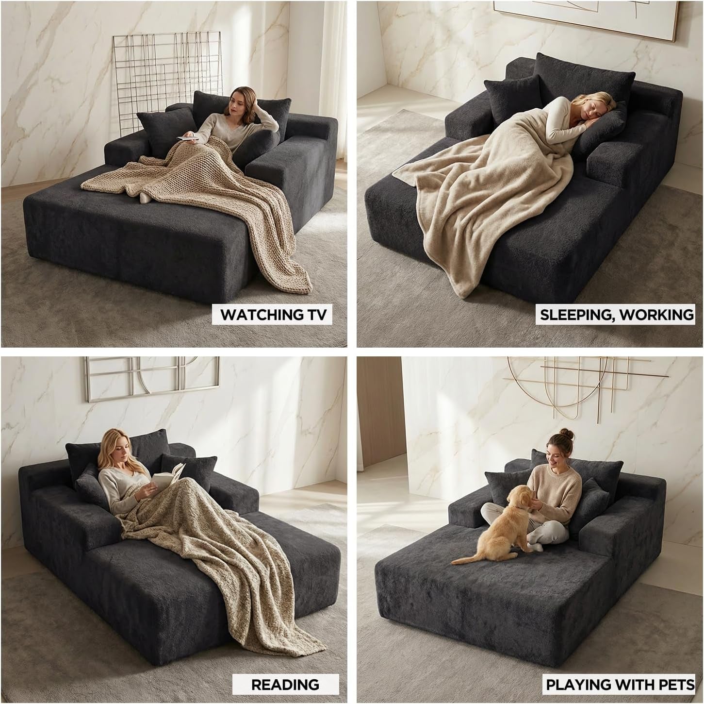 Chaise Lounge with Armrests, Oversized Sofa Bed with 3 Pillows, Cozy Boneless Couch, Sleeper Reading Chair for Living Room Bedroom, Floor Sofa Chenille, Furniture Sala, Black Onyx