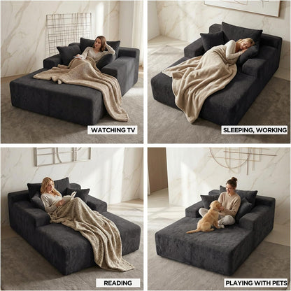 Chaise Lounge with Armrests, Oversized Sofa Bed with 3 Pillows, Cozy Boneless Couch, Sleeper Reading Chair for Living Room Bedroom, Floor Sofa Chenille, Furniture Sala, Black Onyx