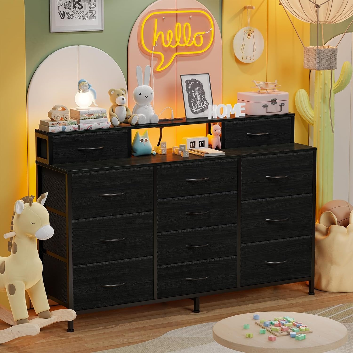 55" W Dresser for Bedroom with LED Lights and Power Outlets,Black Large 12 Storage Drawers Long Fabric Chests Dressers with 2 Shelves for Closet,Living Room,Entryway,Wooden Top,Metal Frame
