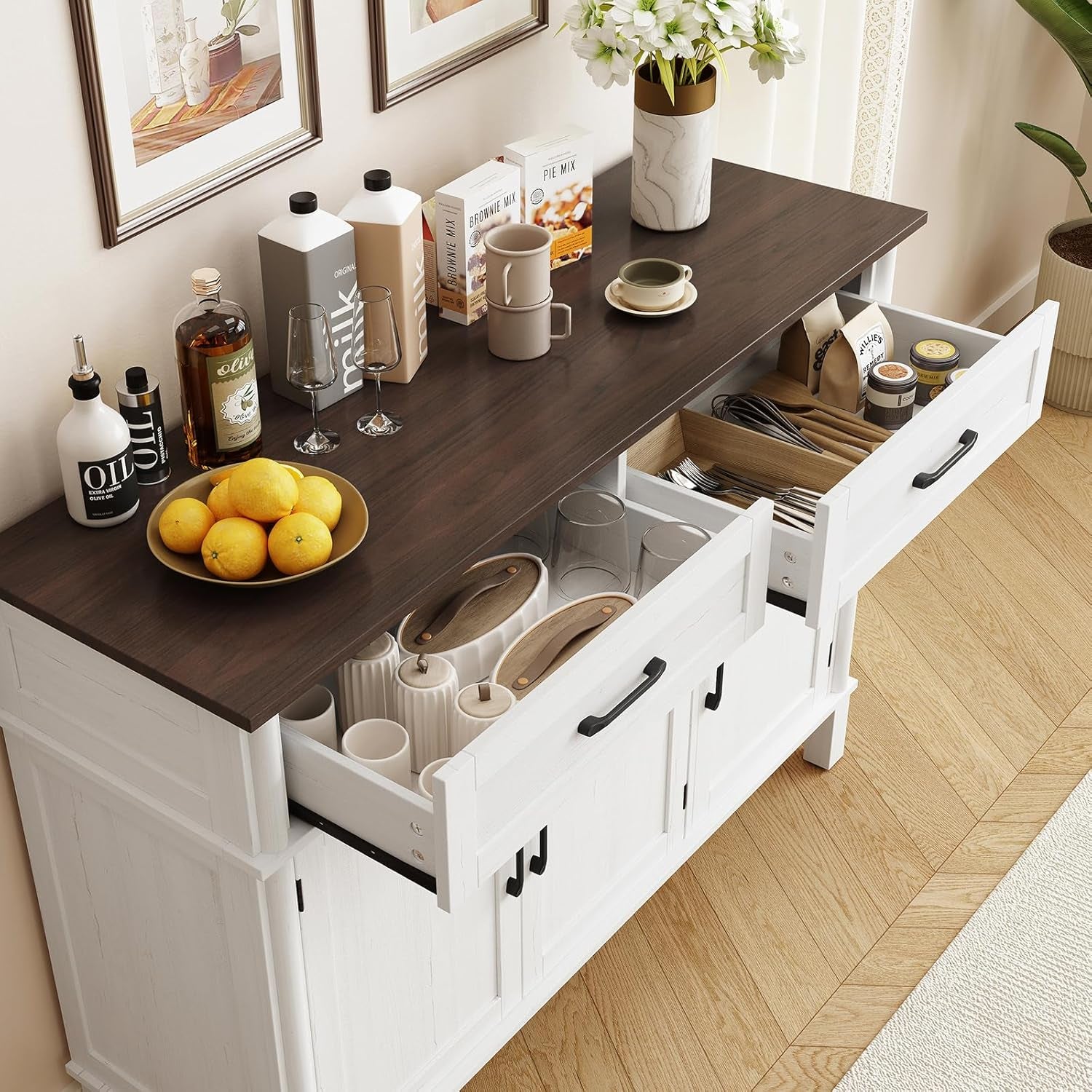 48 Inches Buffet Cabinet with Storage, Farmhouse Sideboard Buffet W/2 Drawers and 3 Doors, Wood Coffee Bar Cabinet with Adjustable Shelves, Sideboard Storage for Kitchen, Living Room, off White