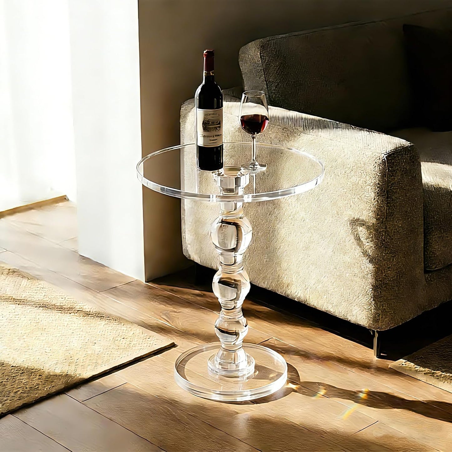 Acrylic Side Table, Acrylic End Table, Clear Small round Side/End Tables with Support Rod, Modern Drink Table/Nightstand for Living Room Bedroom Lobby Balcony, 15.7'' L X 15.7'' W X 22.6'' H