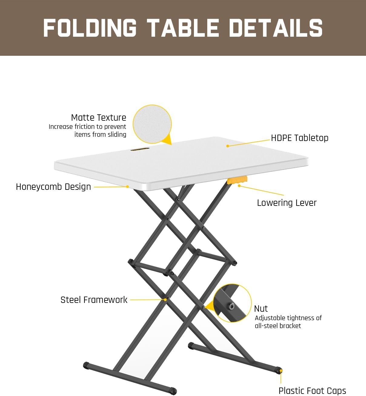28 Inch Small Folding Table, One-Hand Height Adjustment, 3 Heights, Lowering Lever, Instalift, Portable Side Table for Tv Tray, Dining, Kitchen, No Assembly, Granite White Zeta X1 Apex