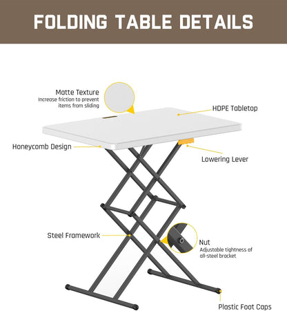 28 Inch Small Folding Table, One-Hand Height Adjustment, 3 Heights, Lowering Lever, Instalift, Portable Side Table for Tv Tray, Dining, Kitchen, No Assembly, Granite White Zeta X1 Apex