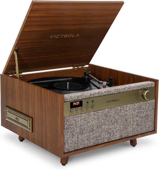 Century 6-In-1 Vinyl Record Player & Music Center – 3-Speed Turntable, CD & Cassette Player, VINYLSTREAM, Bluetooth & 3.5Mm Aux, Record Player with Speakers, Mid Century Design (Walnut)