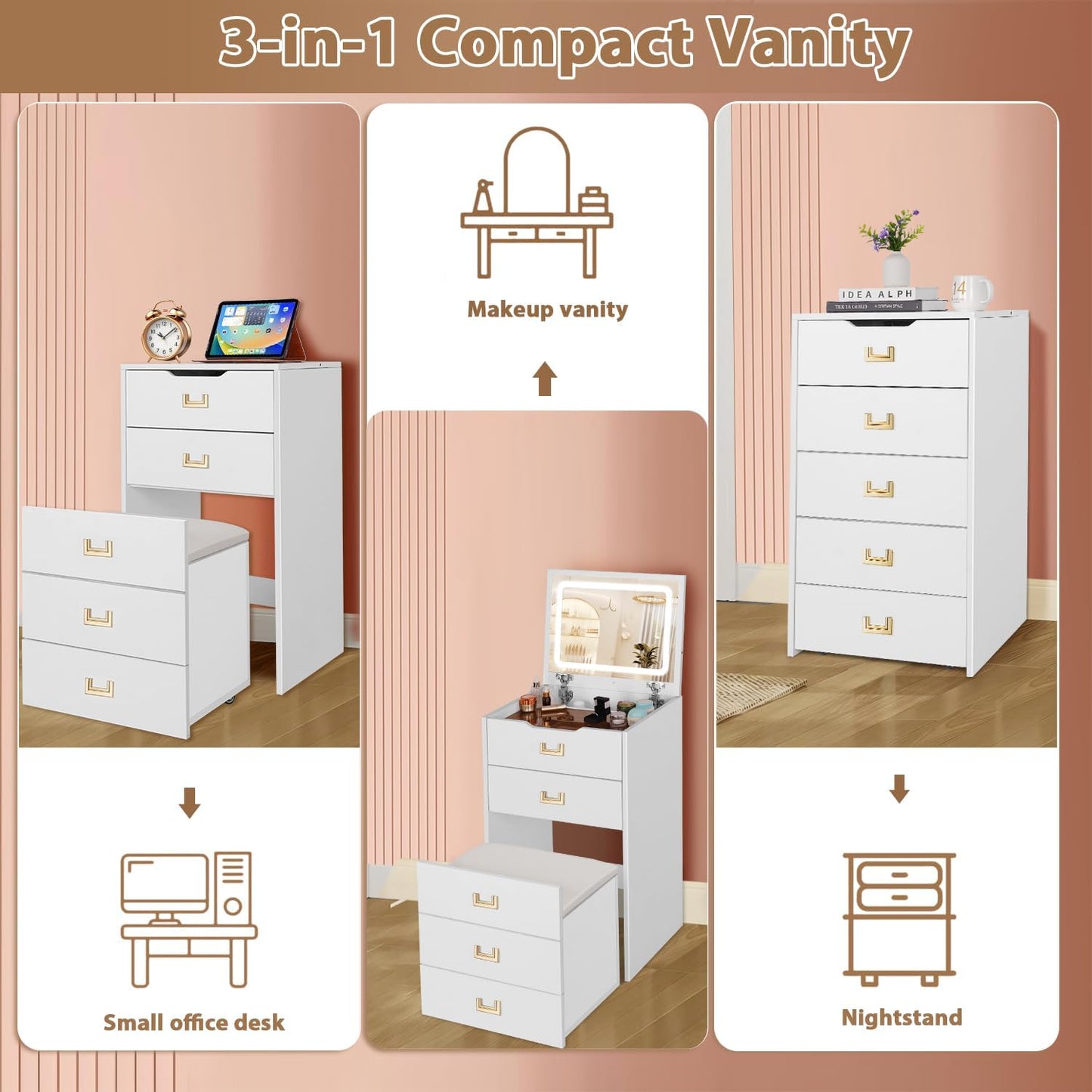 3-In-1 Corner Vanity Desk & Nightstand Combo with Flip-Up Mirror and Rolling Stool, Glass Top Makeup Dressing Table with Hidden Storage Drawers for Small Bedroom Spaces