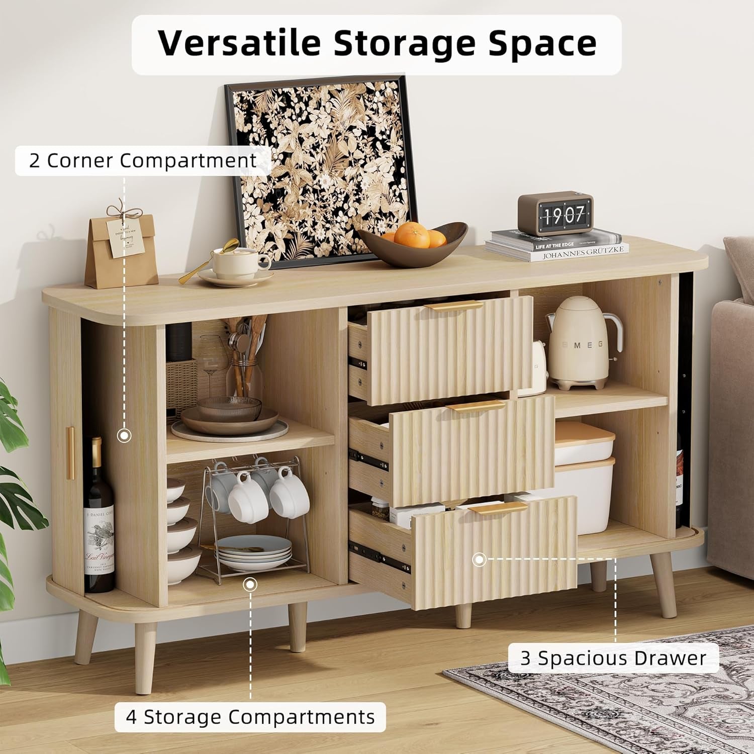 Natrual Buffet Cabinet, 55" Wide Sideboard Buffet Storage Cabinet with Rolling & Sliding Doors, Modern Bar Cabinet for Kitchen & Dining Room