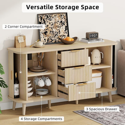 Natrual Buffet Cabinet, 55" Wide Sideboard Buffet Storage Cabinet with Rolling & Sliding Doors, Modern Bar Cabinet for Kitchen & Dining Room
