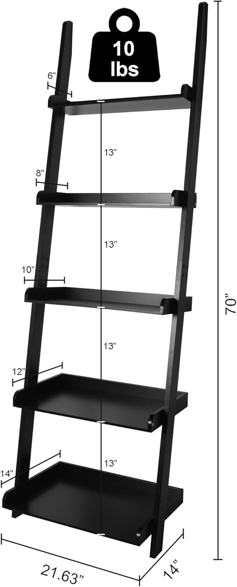 Modern 5 Tier Leaning Wall Ladder Bookshelf Organizer, Storage Rack, 70 Inches, Black