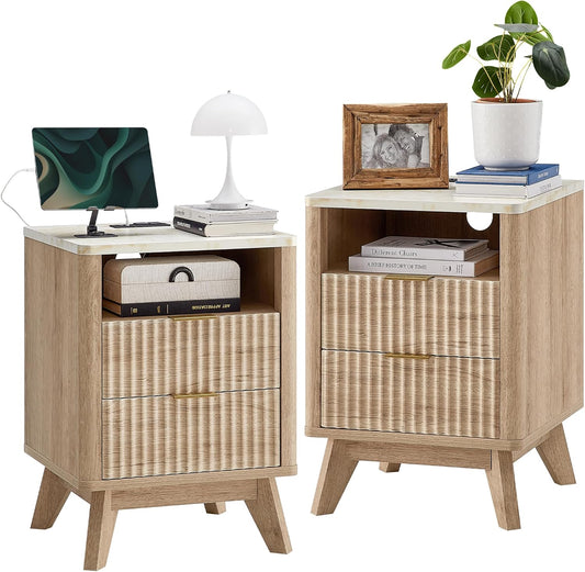 Fluted Nightstand Set of 2 with Charging Station, 18" Modern Side Table with Faux Marble Top, 2 Drawer End Table W/Storage, Bedsidetable for Bedroom, Living Room, Curved Profile, Natural Oak
