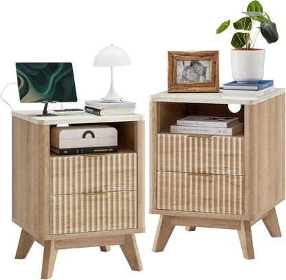 Fluted Nightstand Set of 2 with Charging Station, 18" Modern Side Table with Faux Marble Top, 2 Drawer End Table W/Storage, Bedsidetable for Bedroom, Living Room, Curved Profile, Natural Oak