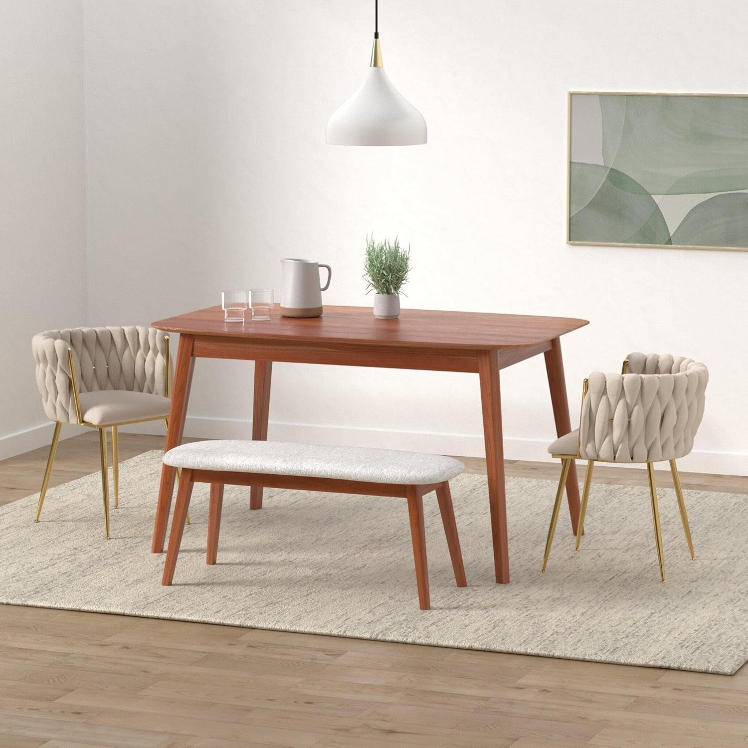 Modern Velvet Dining Chairs Hand Weaving Accent Chairs Living Room Chairs Upholstered Side Chair with Golden Metal Legs for Dining Room Kitchen Vanity Living Room (Ivory)