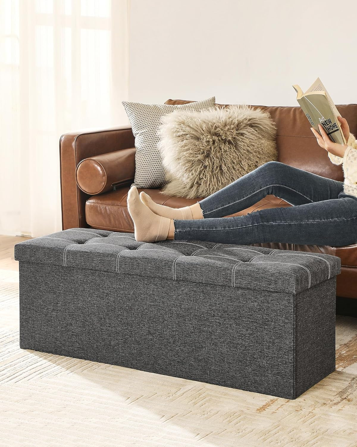 Mazie Collection - 43 Inches Ottoman Storage Bench, 35 Gal. Folding Chest with Breathable Linen-Look Fabric, Load up to 660 Lb, for Entryway, Living Room, Bedroom, Dark Gray ULSF077G04