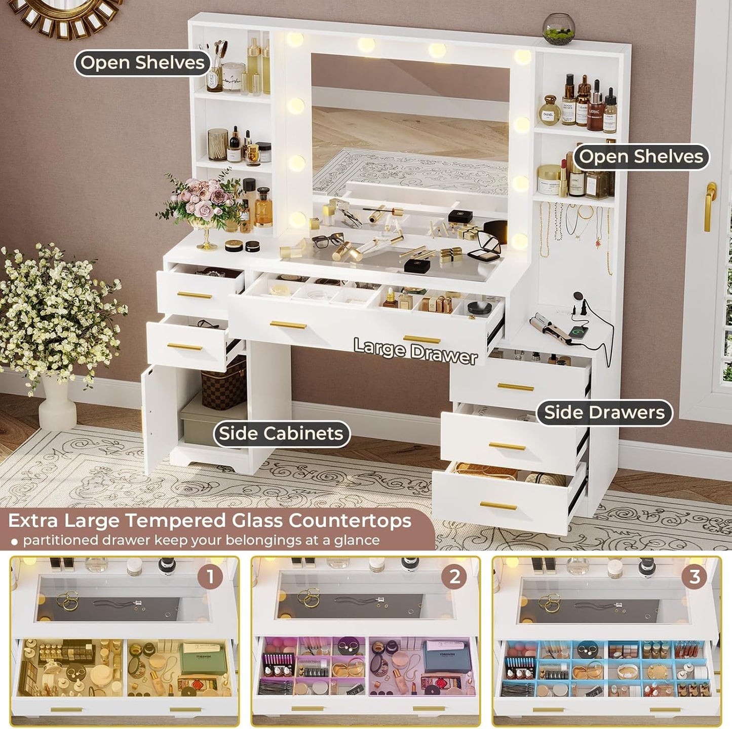 48.8'' Large Vanity Desk with Lighted Mirror & Power Outlet, White Makeup Vanity Table with 6 Drawers, 4 Shelves and 1 Storage Cabinet, Glass Tabletop Bedroom Dressing Table, 3 Lighting Modes