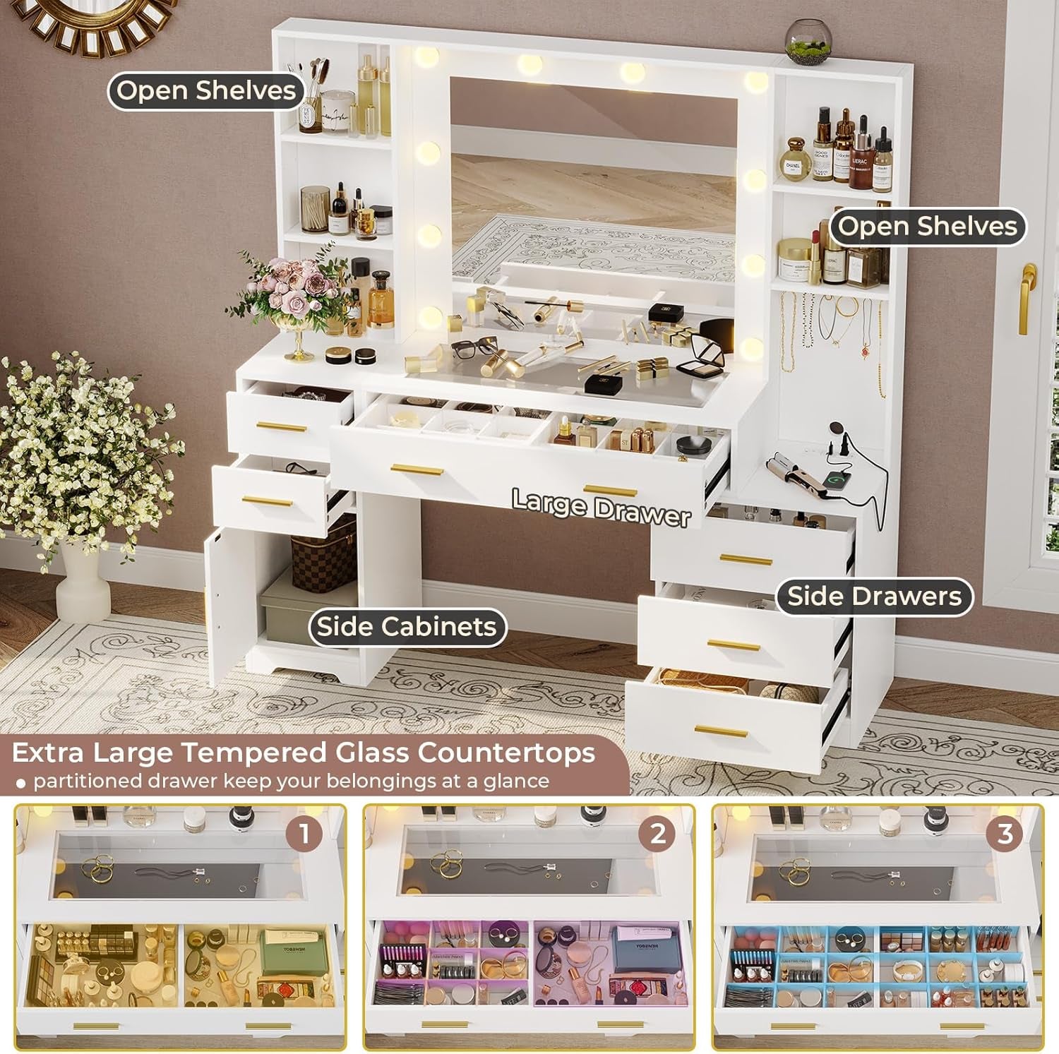 48.8'' Large Vanity Desk with Lighted Mirror & Power Outlet, White Makeup Vanity Table with 6 Drawers, 4 Shelves and 1 Storage Cabinet, Glass Tabletop Bedroom Dressing Table, 3 Lighting Modes