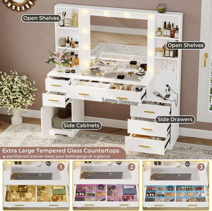 48.8'' Large Vanity Desk with Lighted Mirror & Power Outlet, White Makeup Vanity Table with 6 Drawers, 4 Shelves and 1 Storage Cabinet, Glass Tabletop Bedroom Dressing Table, 3 Lighting Modes