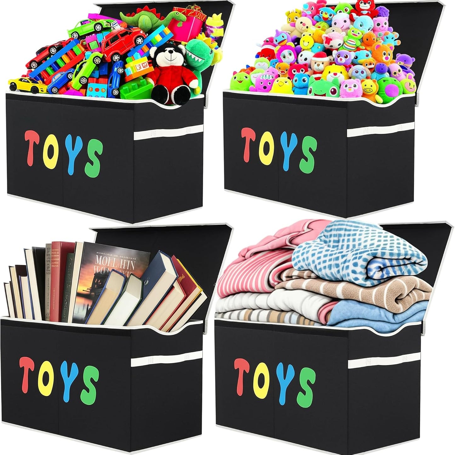 Toy Box Chest, Collapsible Sturdy Storage Bins with Lids, Extra Large Kids Toy Storage Organizer Boxes Bins Baskets for Kids, Boys, Girls, Nursery Room, Playroom, Closet (BLACK)