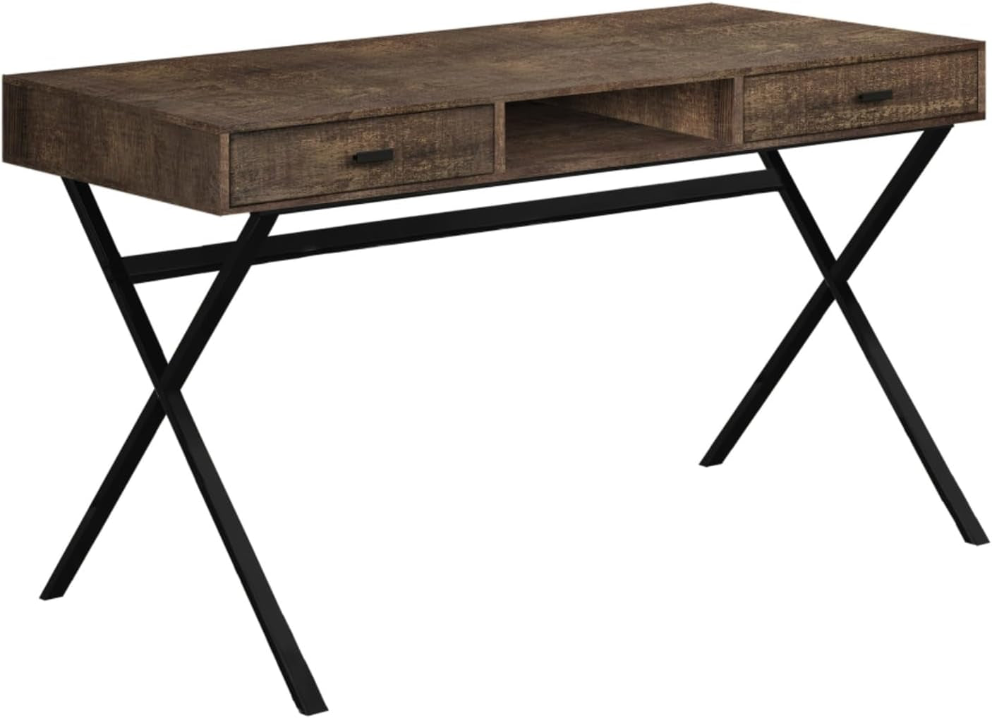 Multi-Use Rustic Computer Desk with X-Design Metal Base, Small Study Workstation with 2 Large Storage Drawers and 1 Open Concept Shelf, Easy Maintainable