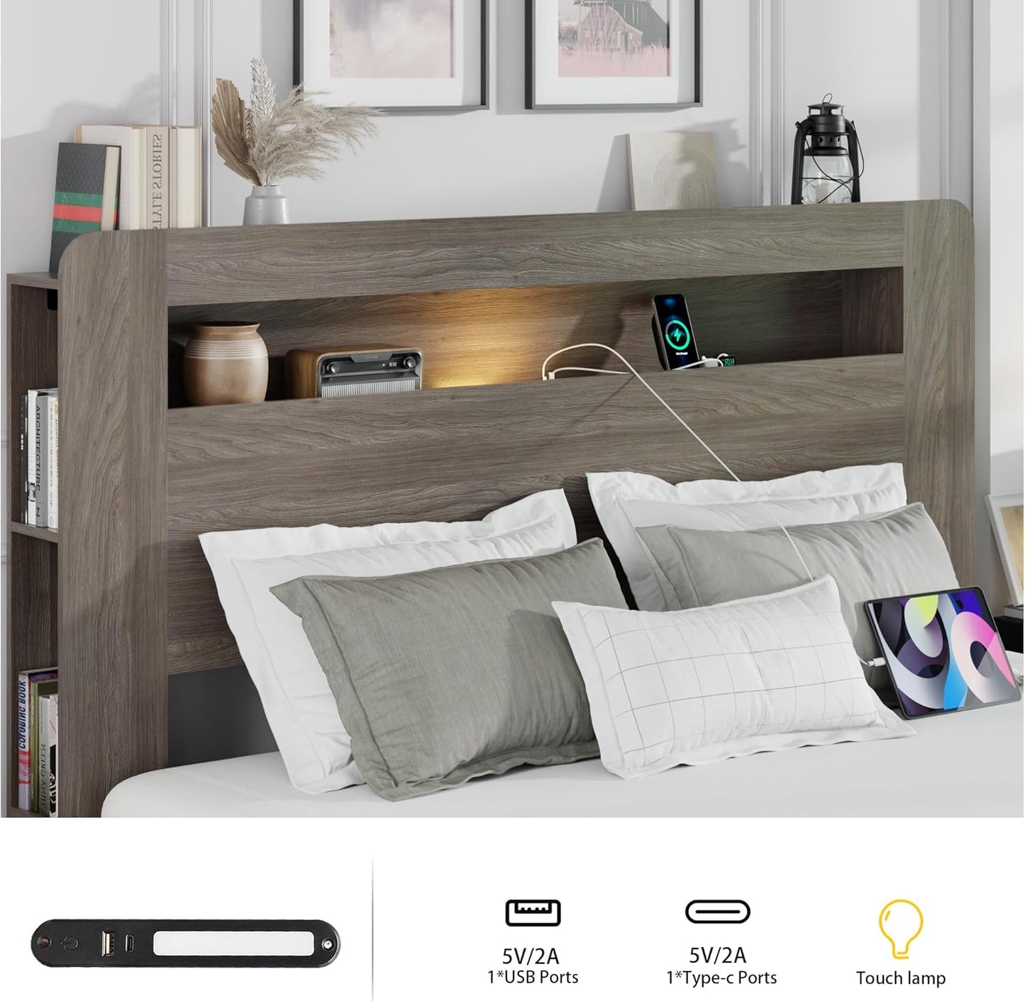 King Size Wooden Bed Frame with Bookcace Storage Headboard, Rustic Farmhouse Bedframe with LED Lights and Charging Station, Sturdy and Stable, Slat Support, No Box Spring Required (Light Brown, King)