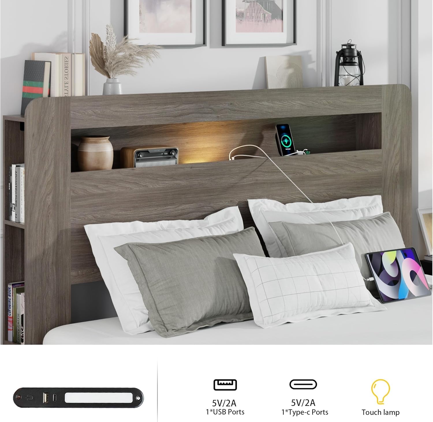 King Size Wooden Bed Frame with Bookcace Storage Headboard, Rustic Farmhouse Bedframe with LED Lights and Charging Station, Sturdy and Stable, Slat Support, No Box Spring Required (Light Brown, King)