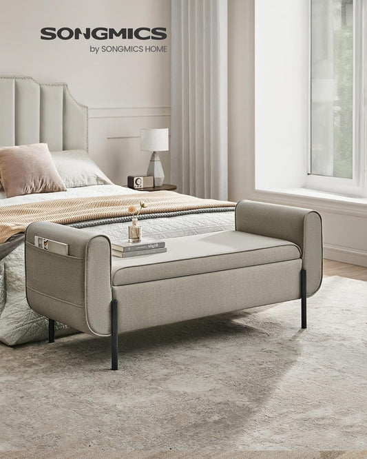 Storage Bench with Armrests, Ottoman with Storage for Living Room, Bedroom, Entryway, Living Room, Steel Legs, Camel Brown ULOM072K03