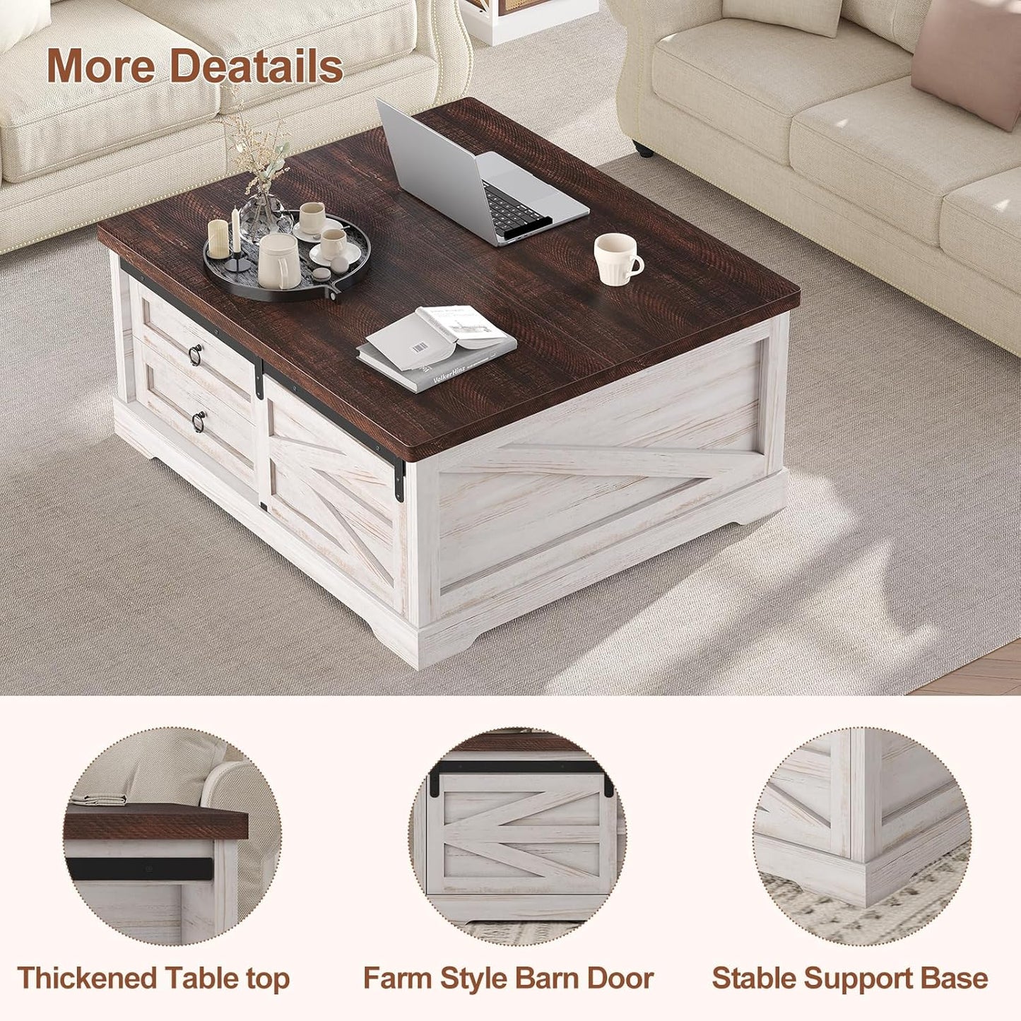 39.4'' Lift Top Coffee Table with Storage, Farmhouse Coffee Tables for Living Room, Square Coffee Table with Large Hidden Compartment & 2 Drawers & Adjustable Shelves, White