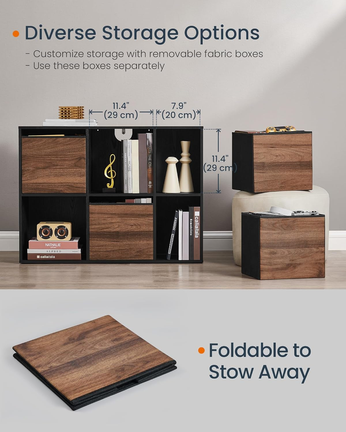 HOME Bookshelf, Superfast Toolless Assembly, Cube Storage Organizer with 6 Compartments, Bookcase, 4 Fabric Drawers, 10.6 X 32.7 X 24.3 Inches, Natural Walnut and Ebony Black ULBC196B01