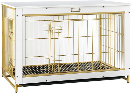 Dog Crate Furniture, 38.6" Large Dog Kennel Indoor, Wooden Cage with Pull-Out Tray, Double Doors Pet House Side End Table for Large/Medium/Small Dogs, White DW982GW03