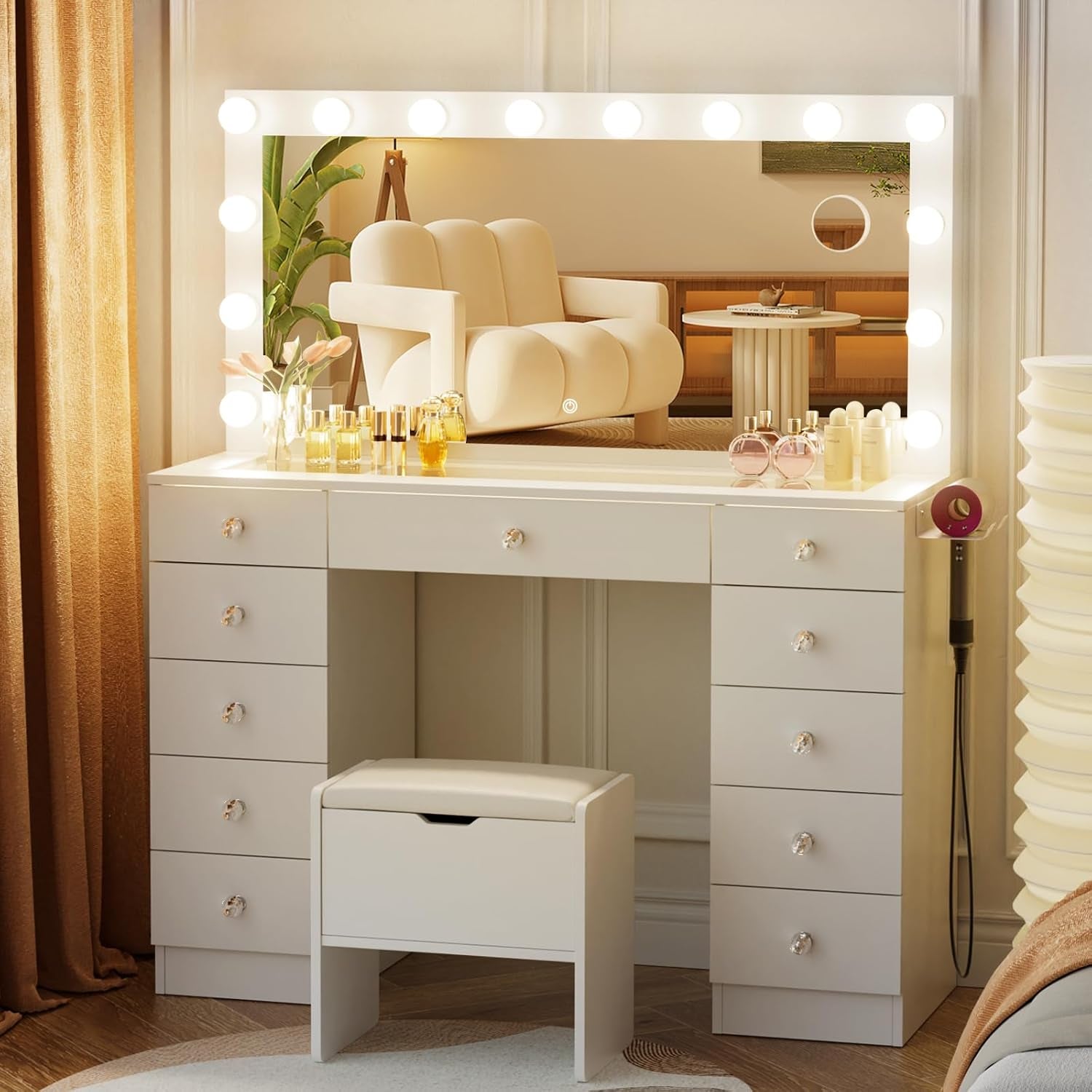 Vanity with Lighted Mirror - Makeup Vanity Desk with Glass Top and 11 Drawers, 3 Color Lighting Modes Adjustable Brightness, 46" Vanity Table with Soft Cushioned Stool for Bedroom, White