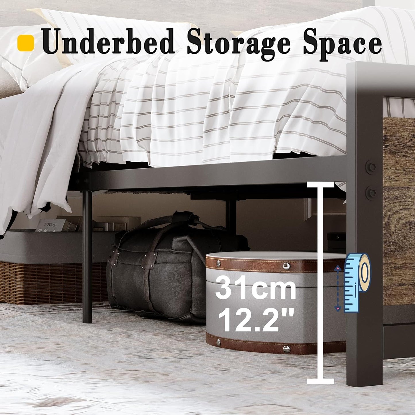 King Bed Frame with Headboard and Footboard, Metal Strong Supports, Easy Assembly, Noise-Free, No Box Spring Needed, Walnut