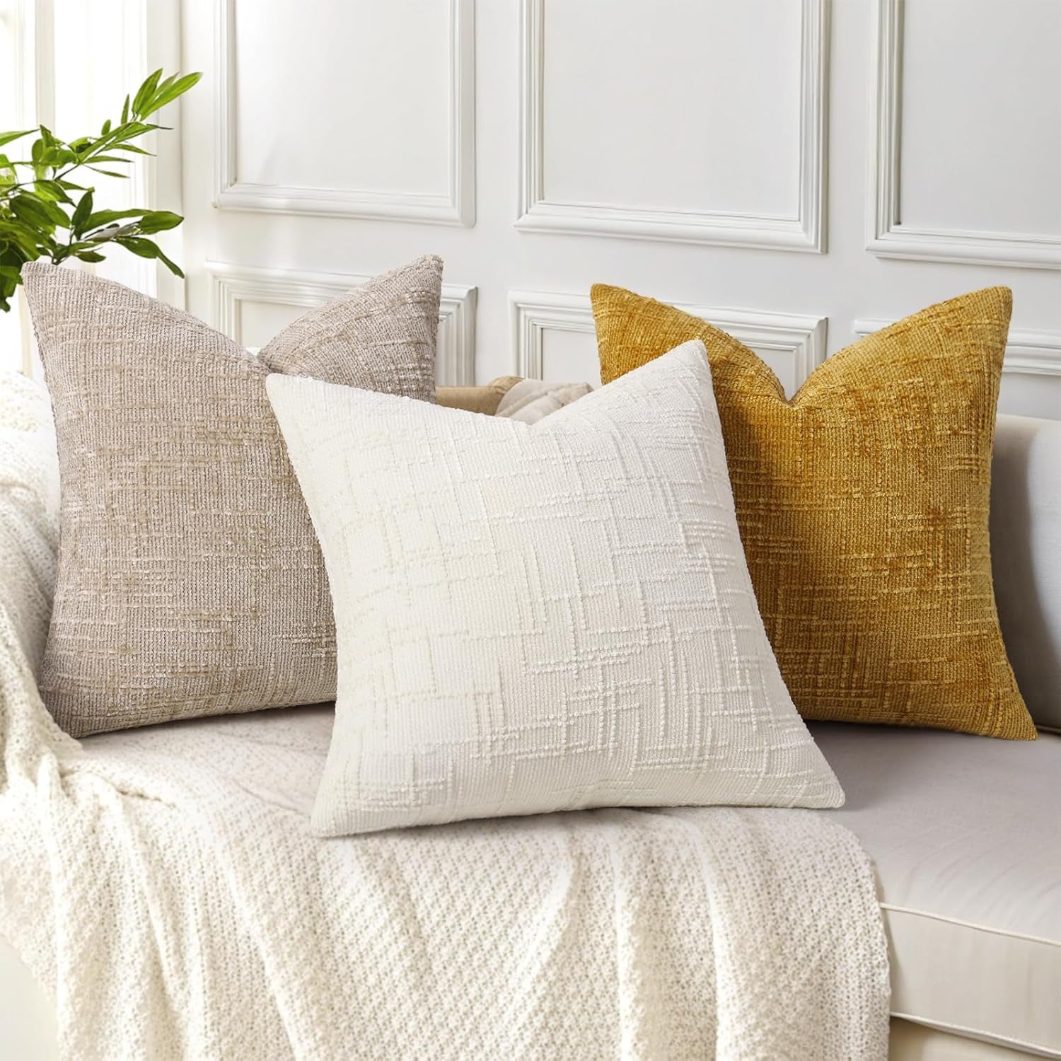 Christmas Cream White Chenille Throw Pillow Covers 18X18 Set of 2 Thick Textured Slubby Couch Pillow Covers Farmhouse Accent Modern Neutral Decorative Pillow Cases for Bed Sofa Living Room