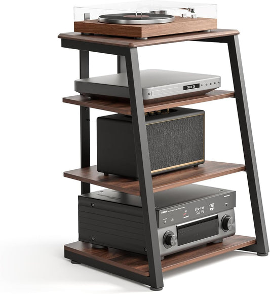 Design 4-Tier AV Media Stand Corner Shelf for Record Player Wooden Stereo Cabinet Audio Rack Tower with Height Adjustable Wooden Shelves for Ps4 (Walnut)