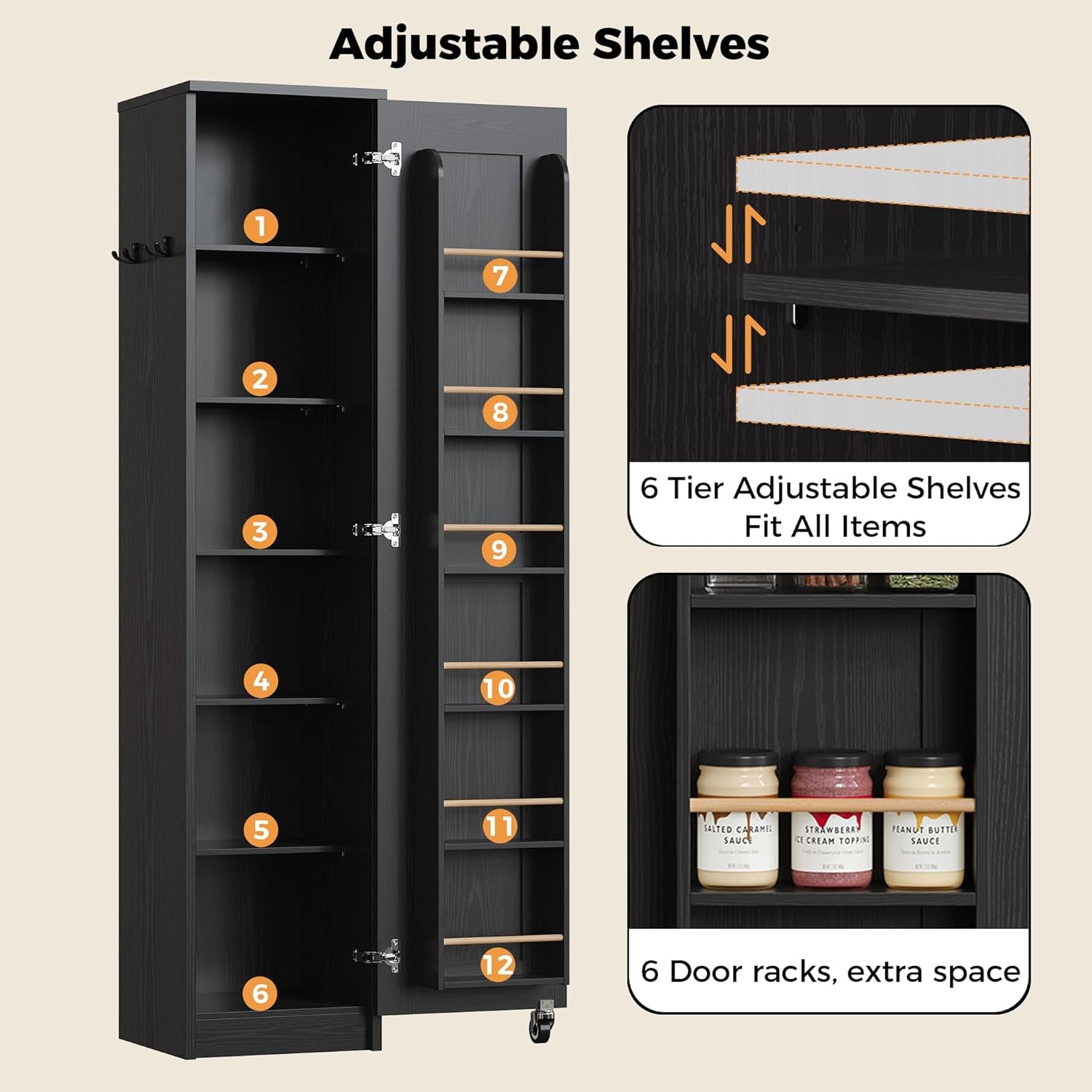 Narrow Kitchen Pantry Storage Cabinet, 72" Slim Single Door with 6 Adjustable Shelves, Door Rack and Wheels, Space Saving Freestanding Storage Floor Cabinet for Small Place, Black