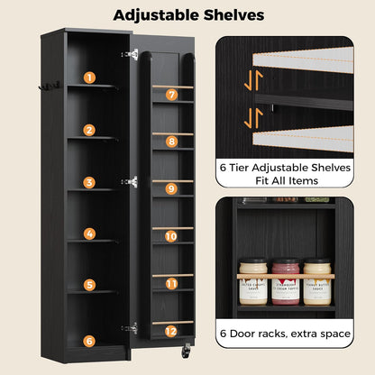 Narrow Kitchen Pantry Storage Cabinet, 72" Slim Single Door with 6 Adjustable Shelves, Door Rack and Wheels, Space Saving Freestanding Storage Floor Cabinet for Small Place, Black
