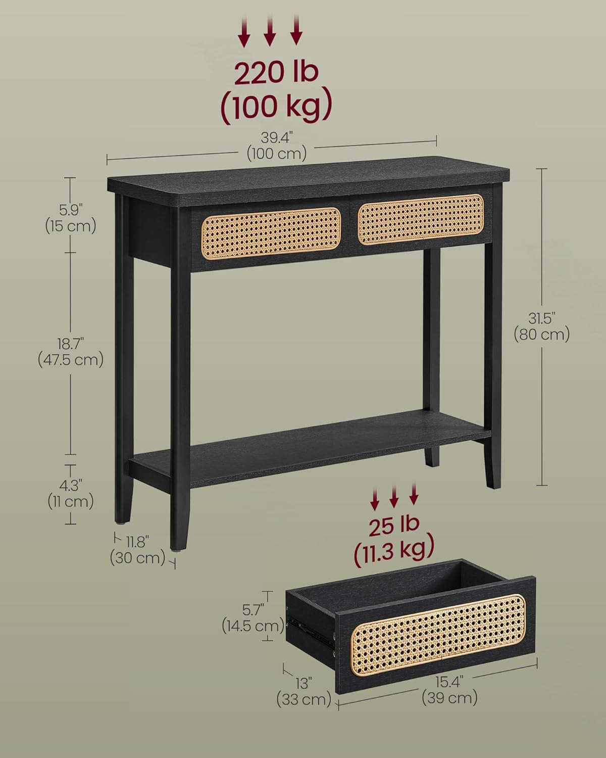 Console Table, Sofa Table, Narrow Entryway Table with 2 Drawers, Open Storage Shelf, Rounded Corners, for Living Room, Boho Style, Ash Black ULNT016B21