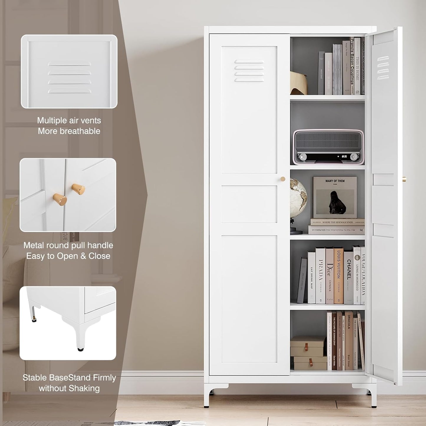 Metal Storage Cabinet with 2 Doors and 4 Adjustable Shelves - 61" White Kitchen Pantry Storage 5-Tier Tall Steel Cabinets Locker for Kitchen, Living Room, Dining Room
