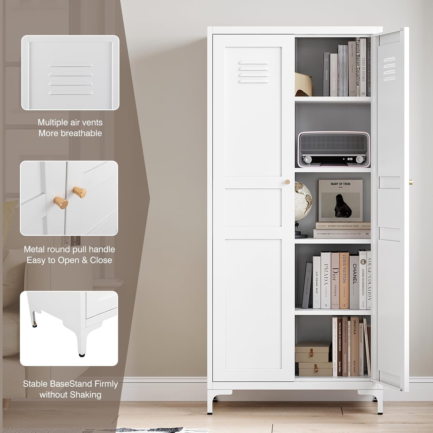 Metal Storage Cabinet with 2 Doors and 4 Adjustable Shelves - 61" White Kitchen Pantry Storage 5-Tier Tall Steel Cabinets Locker for Kitchen, Living Room, Dining Room