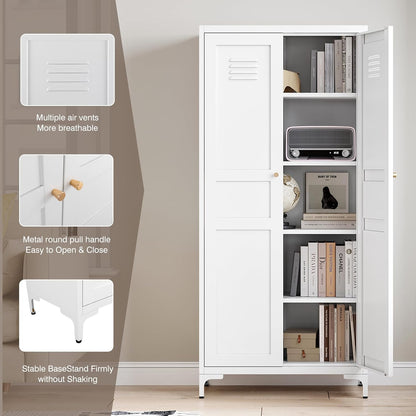 Metal Storage Cabinet with 2 Doors and 4 Adjustable Shelves - 61" White Kitchen Pantry Storage 5-Tier Tall Steel Cabinets Locker for Kitchen, Living Room, Dining Room