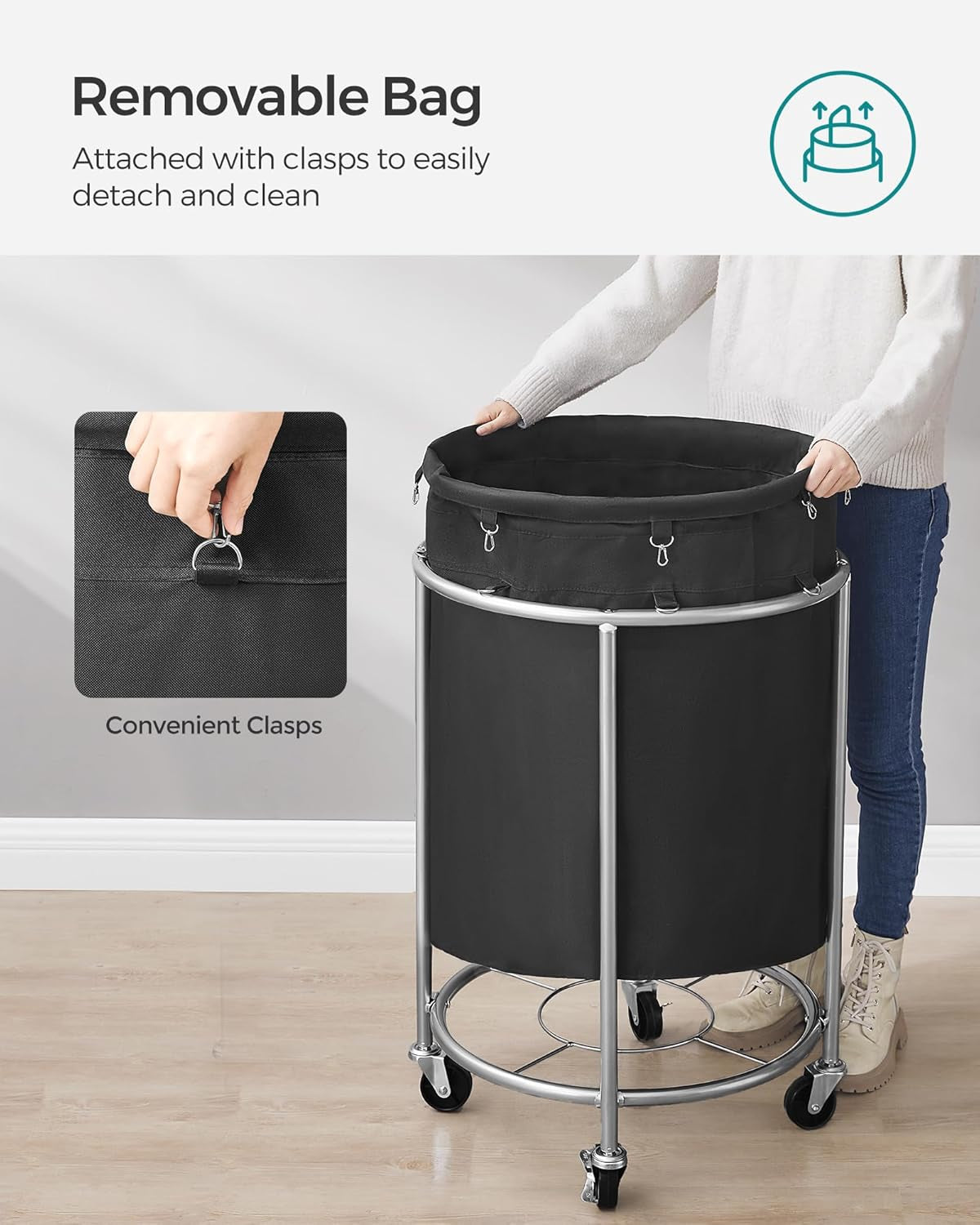 50.2-Gallon (190 L) Laundry Basket with Wheels, Rolling round Heavy-Duty Laundry Hamper Cart with Steel Frame and Removable Bag, 2 Locking Wheels, Ink Black and Metallic Silver URLS001B01