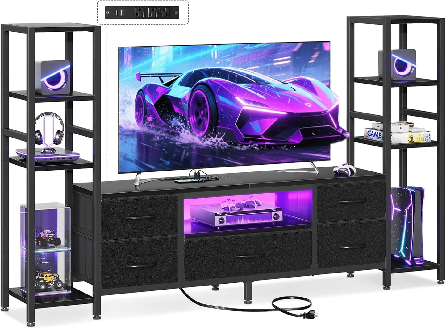 TV Stands for 43-50 Inch TV, Entertainment Center with LED Lights & Power Outlets for Tvs up to 55 Inch, TV Stand Living Room with 5 Fabric Drawers, TV Console Cabinet for Bedroom, Black