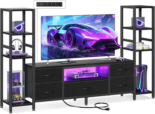 TV Stands for 43-50 Inch TV, Entertainment Center with LED Lights & Power Outlets for Tvs up to 55 Inch, TV Stand Living Room with 5 Fabric Drawers, TV Console Cabinet for Bedroom, Black